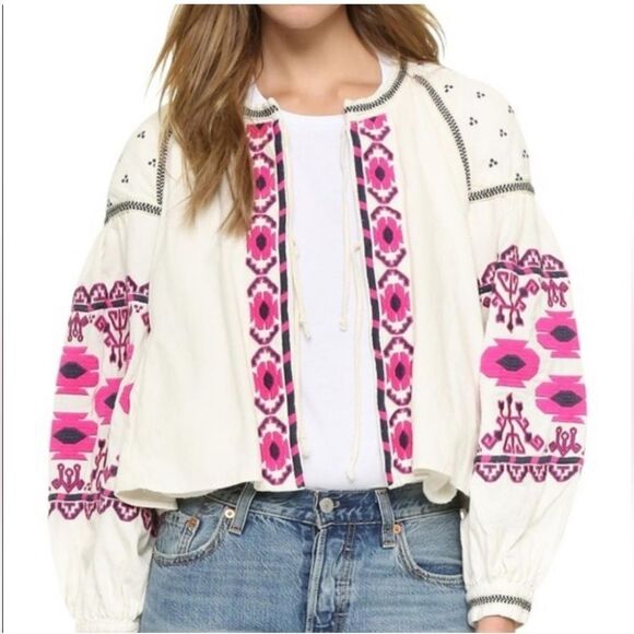 Free People Jackets & Blazers - Free People Embroidered Boho White and Pink Jacket